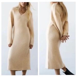Zara Soft Knit Creamy Tan Alpaca Sweater Dress | SMALL NWT